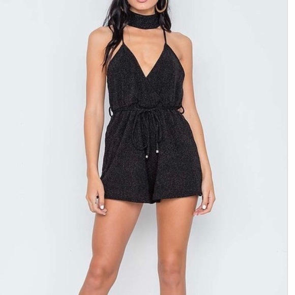 ‼️ Black Sparkle Choker Waist Tie Romper - Picture 5 of 5